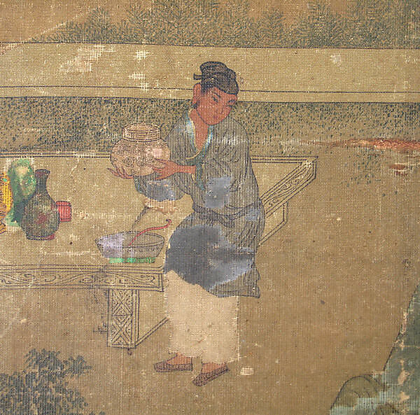 Examining Antiques at Literati Gathering, Wang Li Mu, Album leaf; ink and color on silk, Korea