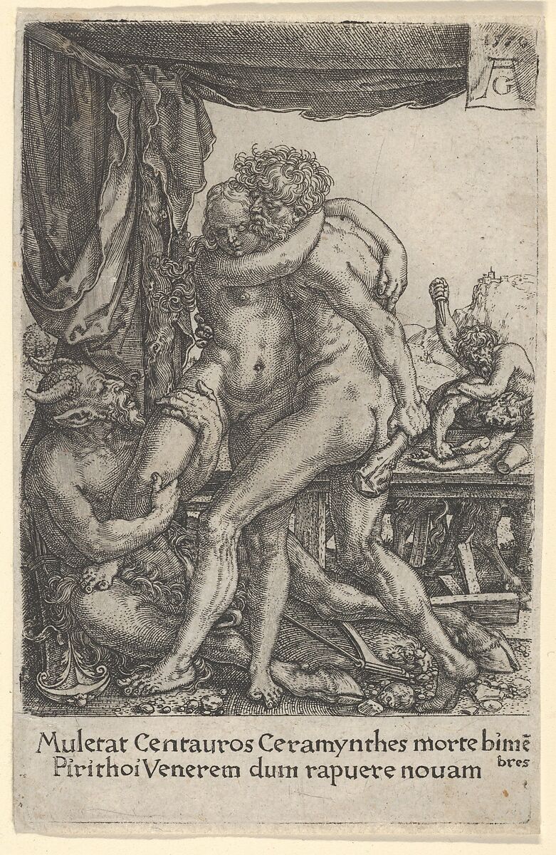 Hercules Preventing the Centaurs from the Rape of Hippodameia, from The Labors of Hercules, Heinrich Aldegrever (German, Paderborn ca. 1502–1555/1561 Soest), Engraving 