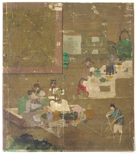 Examining Antiques at Literati Gathering, Wang Li Mu, Album leaf; ink and color on silk, Korea 