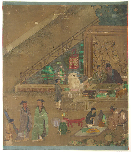 Examining Antiques at Literati Gathering, Wang Li Mu, Album leaf; ink and color on silk, Korea 