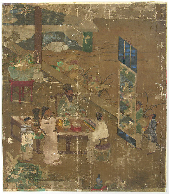 Examining Antiques at Literati Gathering, Wang Li Mu, Album leaf; ink and color on silk, Korea 