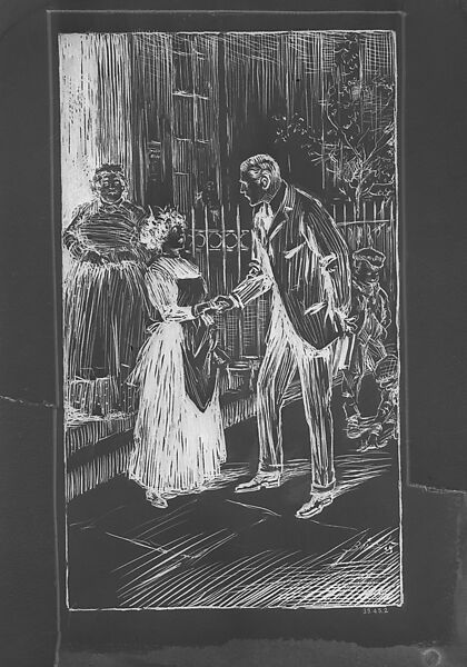 Young man on doorstep, from Evelyn Van Buren's,"Pippin" 1913, published by Century Company, Reginald Bathurst Birch (American, London 1856–1943 New York), Pen and ink on cardboard 