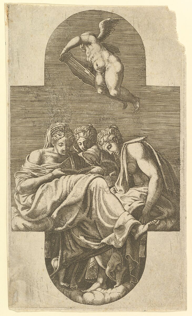 Three Muses and a Putto with a Lyre, After Giorgio Ghisi (Italian, Mantua ca. 1520–1582 Mantua), Engraving 
