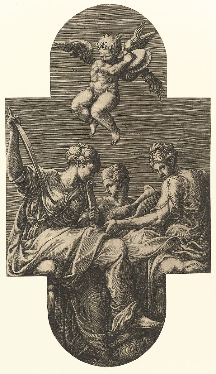 Three Muses and a Putto with Cymbals,  from a series of eight compositions after Francesco Primaticcio's designs for the ceiling of the Ulysses Gallery (destroyed 1738-39) at Fontainebleau, Giorgio Ghisi (Italian, Mantua ca. 1520–1582 Mantua), Engraving 