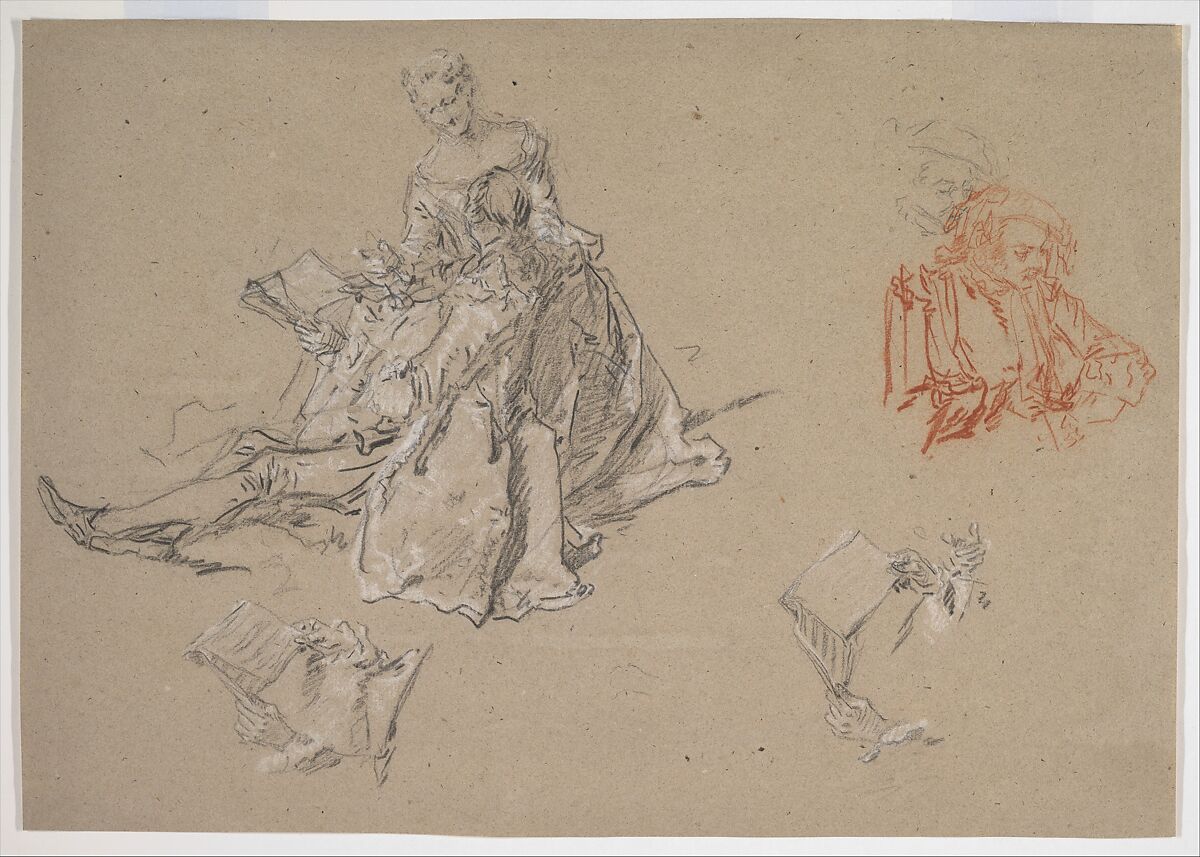 Studies of a Couple Seated on the Ground, Looking at a Songbook, Nicolas Lancret (French, Paris 1690–1743 Paris), Red, black, and white chalk on light gray-brown paper 