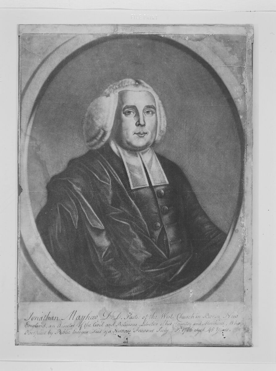 Jonathan Mayhew, D. D. Pastor of the West Church in Boston, New England, Painted and engraved by Richard Jennys, Jr. (American, active 1766–1801), Mezzotint; early state without engraved text 