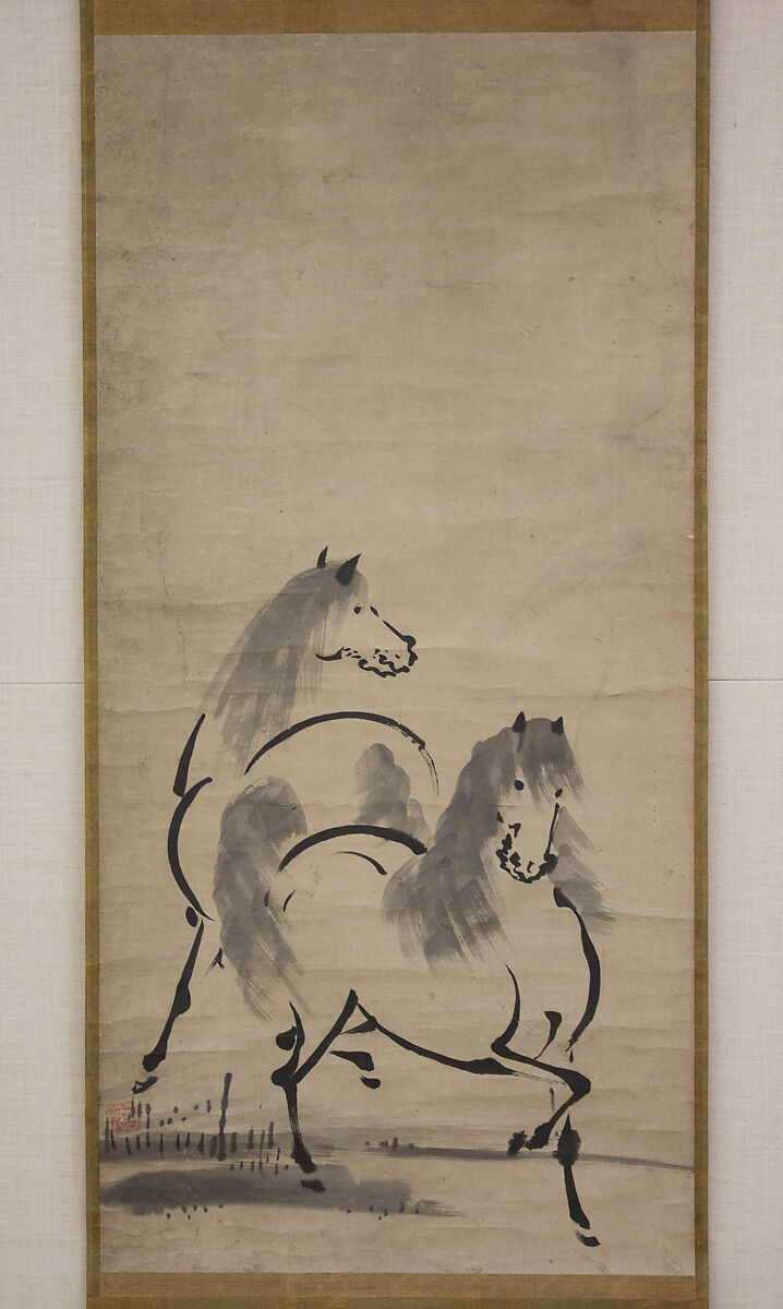 Two Horses, Attributed to Unkoku Tōetsu (Japanese, active second half 17th century), Hanging scroll; ink on paper, Japan 