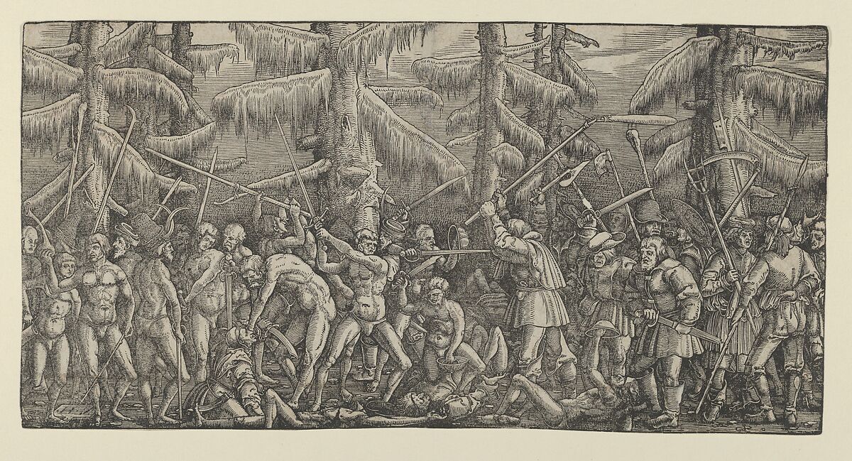 Battle Between Peasants and Naked Men in a Forest, Master NH (German, active ca. 1495–ca. 1527), Woodcut 