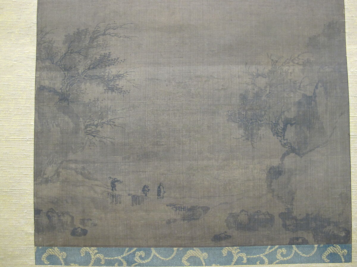 Rainy Landscape with Travelers, Unidentified artist, Hanging scroll; ink and color on silk, Korea