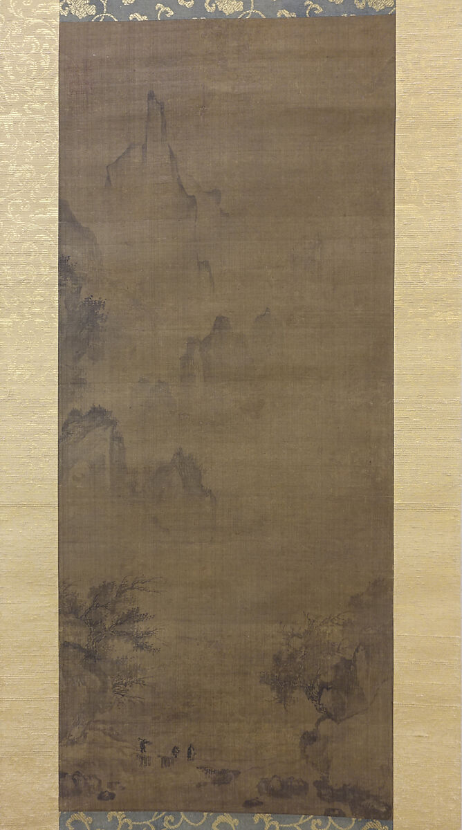 Rainy Landscape with Travelers, Unidentified artist, Hanging scroll; ink and color on silk, Korea 