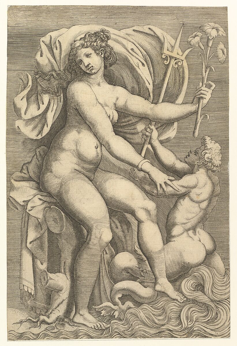 Thetis Seated with a Triton, Anonymous, Italian?, 16th century, Engraving 