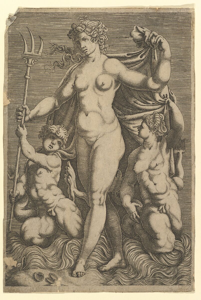 Thetis Standing with Two Tritons, Anonymous, Italian?, 16th century, Engraving 