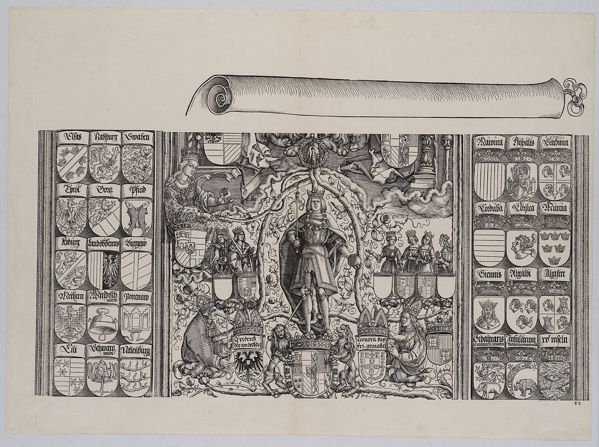 The Upper Portion of the Genealogy of Maximilian; with the Right Edge of the Scroll for the Explanatory Text, from the Arch of Honor, proof, dated 1515, printed 1517–18, Hans Springinklee (German, ca. 1495–after 1522), Woodcut and letterpress 