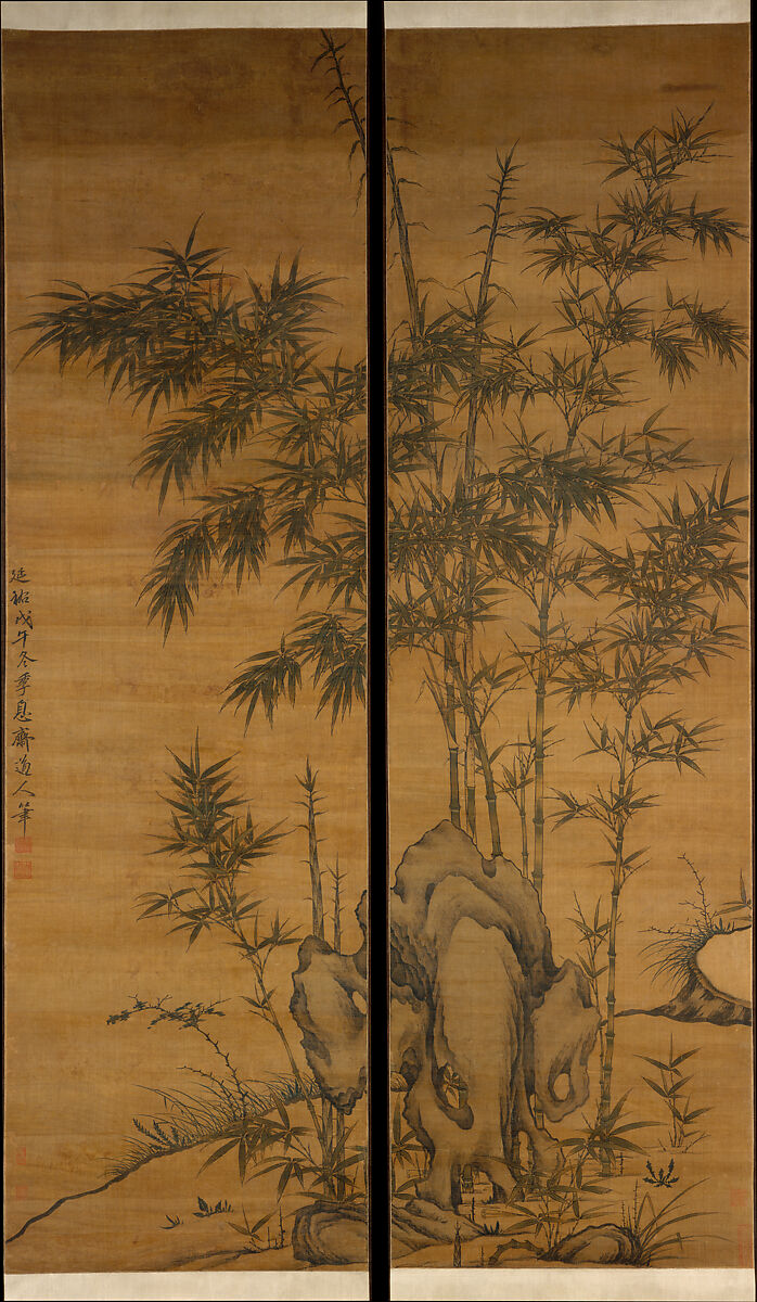 Bamboo and rocks, Li Kan (Chinese, 1245–1320), Pair of hanging scrolls; ink and color on silk, China 