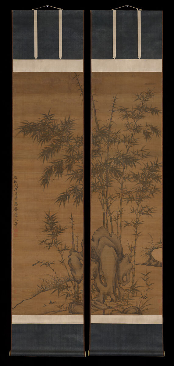 Bamboo and rocks, Li Kan (Chinese, 1245–1320), Pair of hanging scrolls; ink and color on silk, China