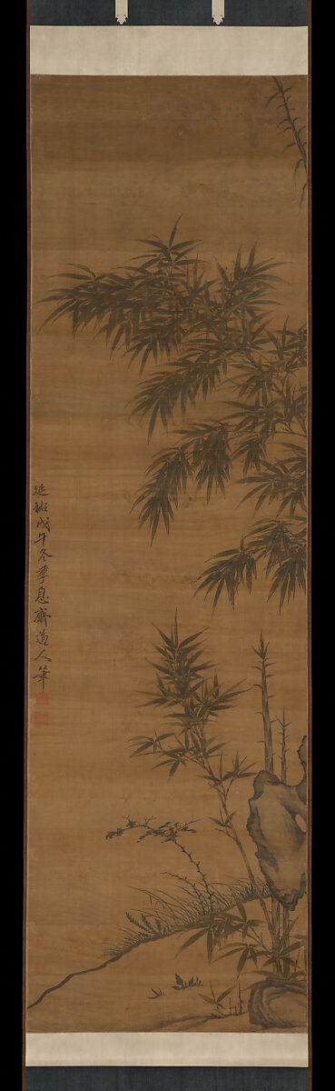 Bamboo and rocks, Li Kan (Chinese, 1245–1320), Pair of hanging scrolls; ink and color on silk, China