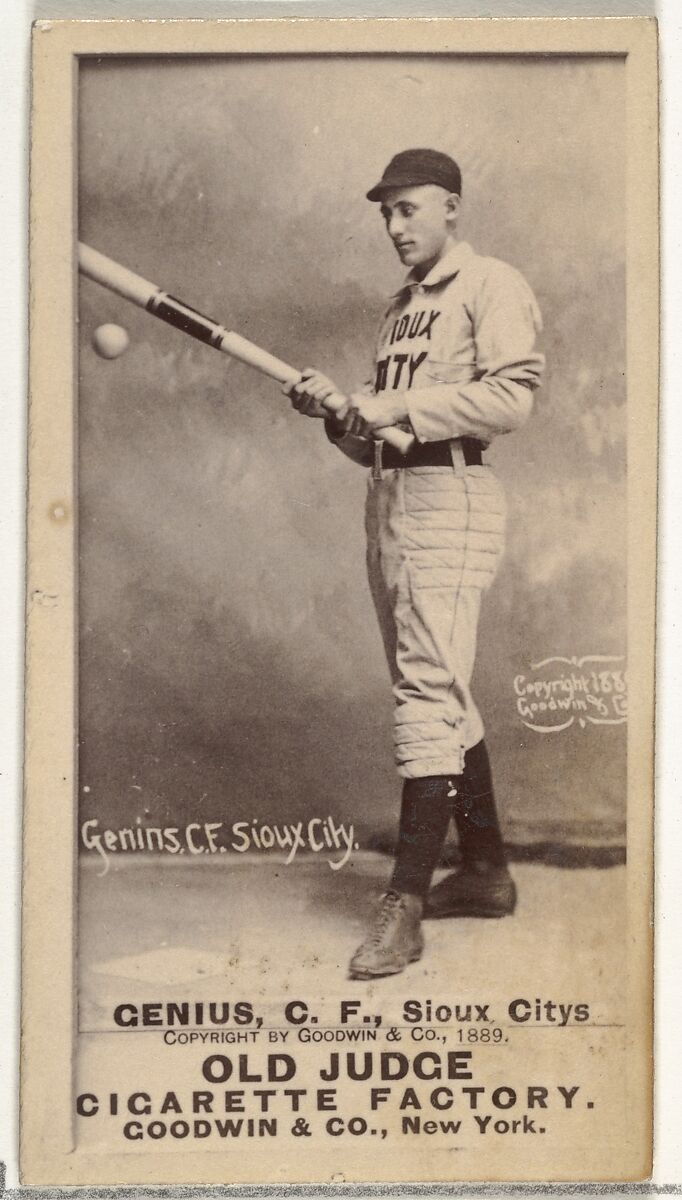 C. Frank Genins, Center Field, Sioux City Corn Huskers, from the Old Judge series (N172) for Old Judge Cigarettes, Issued by Goodwin &amp; Company, Albumen photograph 