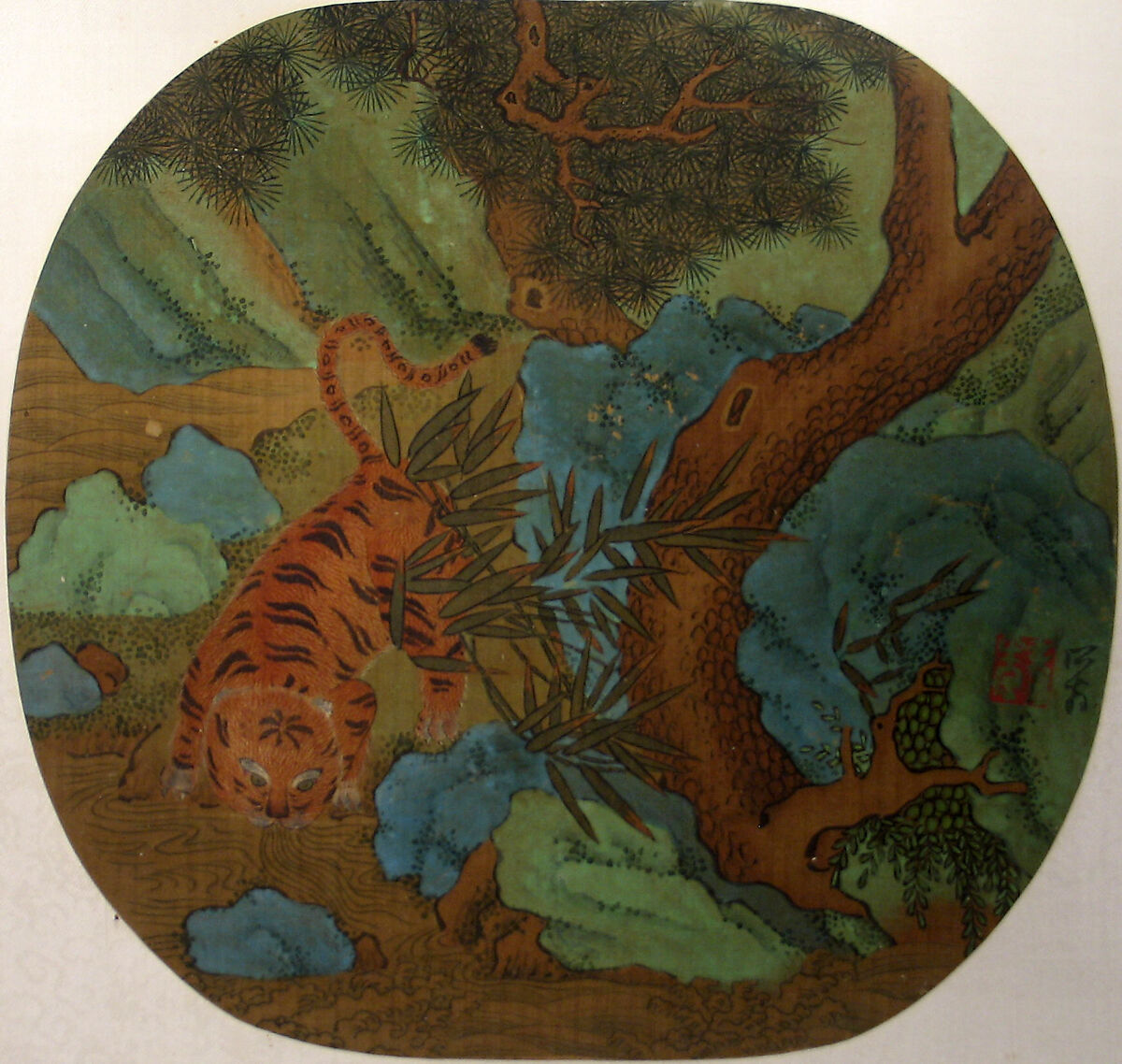 Tiger Drinking from a Stream, Unidentified artist, Fan mounted as an album leaf; ink and color on silk, China 