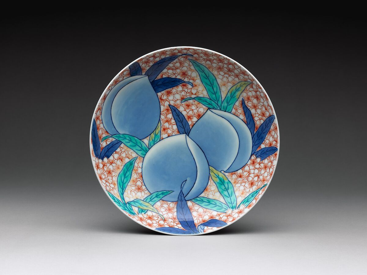 Dish with Peaches, Porcelain with underglaze blue and overglaze polychrome enamels (Hizen ware, Nabeshima type), Japan 
