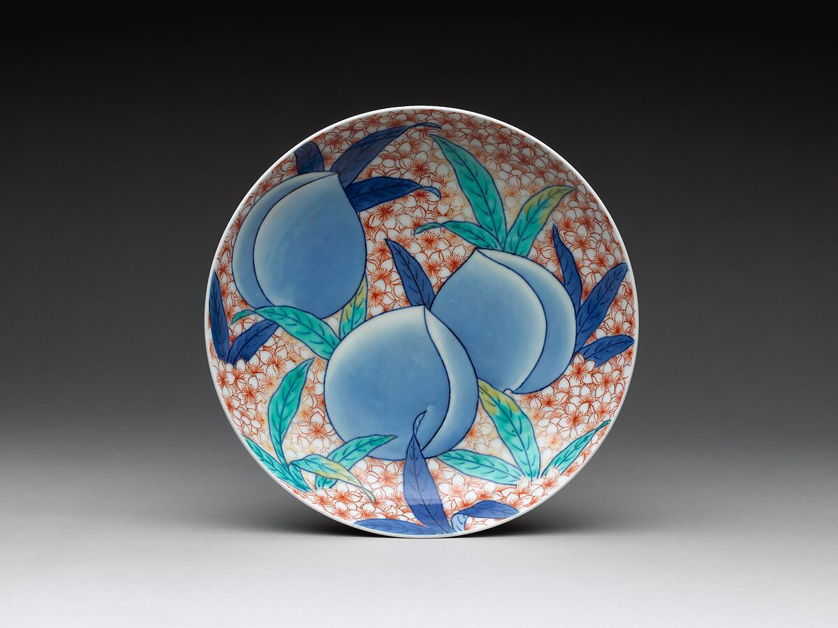 Dish with Peaches, Porcelain with underglaze blue and overglaze polychrome enamels (Hizen ware, Nabeshima type), Japan