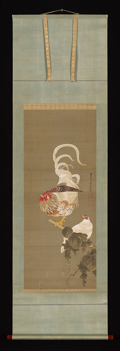 Hen and Rooster with Grapevine, Itō Jakuchū (Japanese, 1716–1800), Hanging scroll; ink and color on silk, Japan