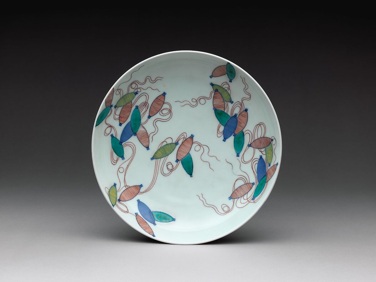 Dish with Design of Spools of Thread, Porcelain with underglaze blue and overglaze enamels (Hizen ware, Nabeshima type), Japan 