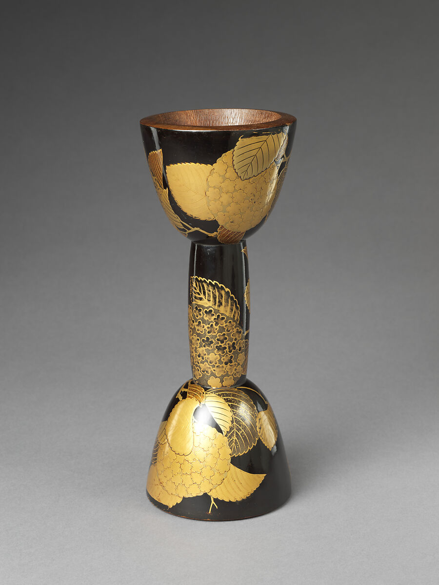 Small Shoulder Drum (Kotsuzumi) with Hydrangeas for Noh Performance, Lacquered wood with gold and silver hiramaki-e, e-nashiji (“pear-skin picture”), Japan