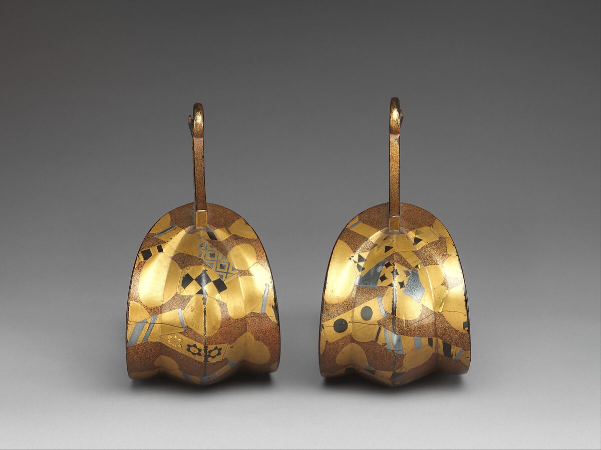 Stirrups (Abumi) with Cosmetic Brushes, Steel with gold and silver hiramaki-e, cut-out gold foil application on nashiji (“pear-skin”) ground, Japan