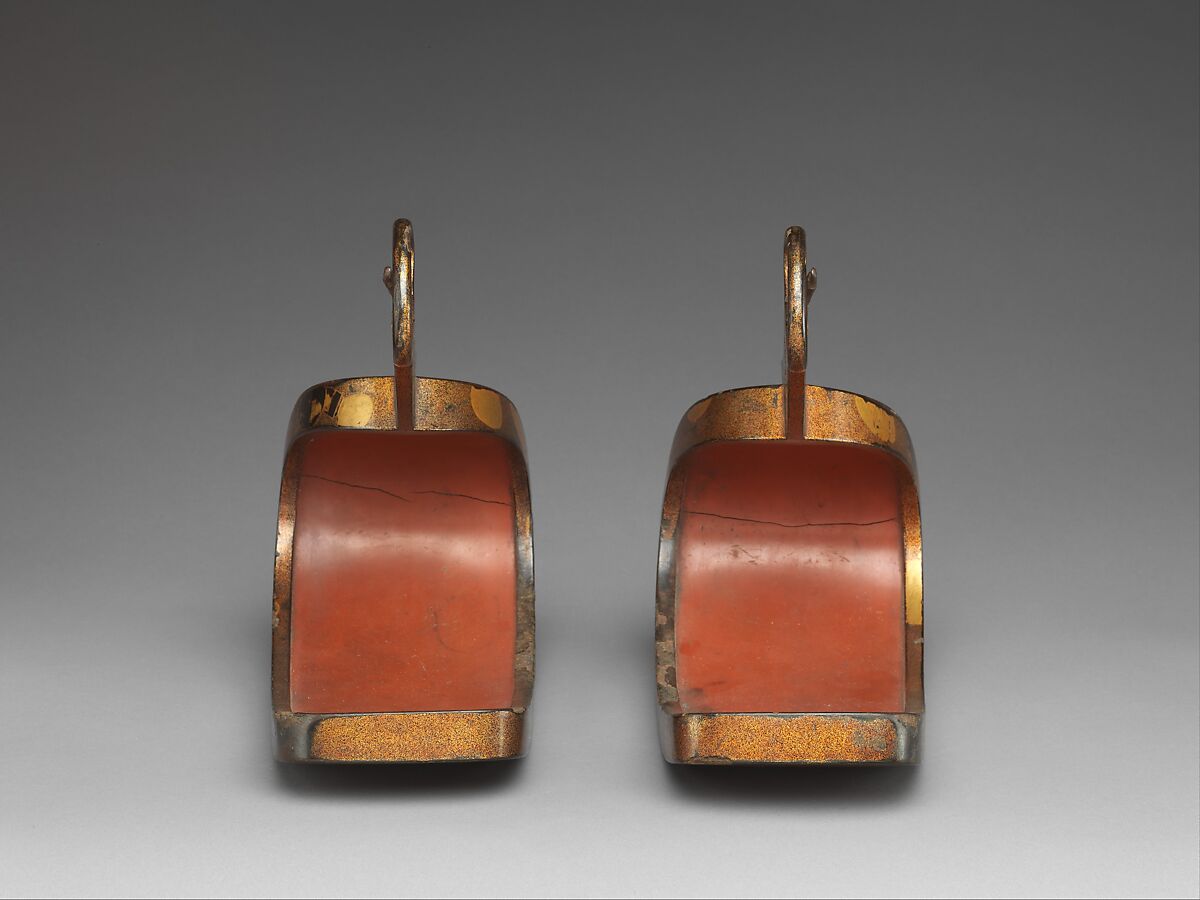 Stirrups (Abumi) with Cosmetic Brushes, Steel with gold and silver hiramaki-e, cut-out gold foil application on nashiji (“pear-skin”) ground, Japan