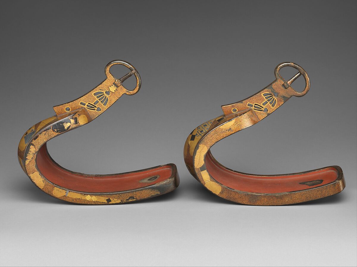 Stirrups (Abumi) with Cosmetic Brushes, Steel with gold and silver hiramaki-e, cut-out gold foil application on nashiji (“pear-skin”) ground, Japan