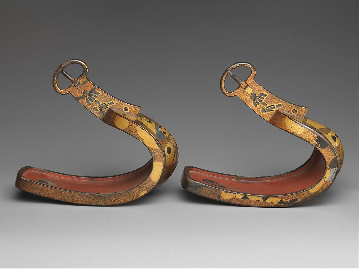 Stirrups (Abumi) with Cosmetic Brushes, Steel with gold and silver hiramaki-e, cut-out gold foil application on nashiji (“pear-skin”) ground, Japan