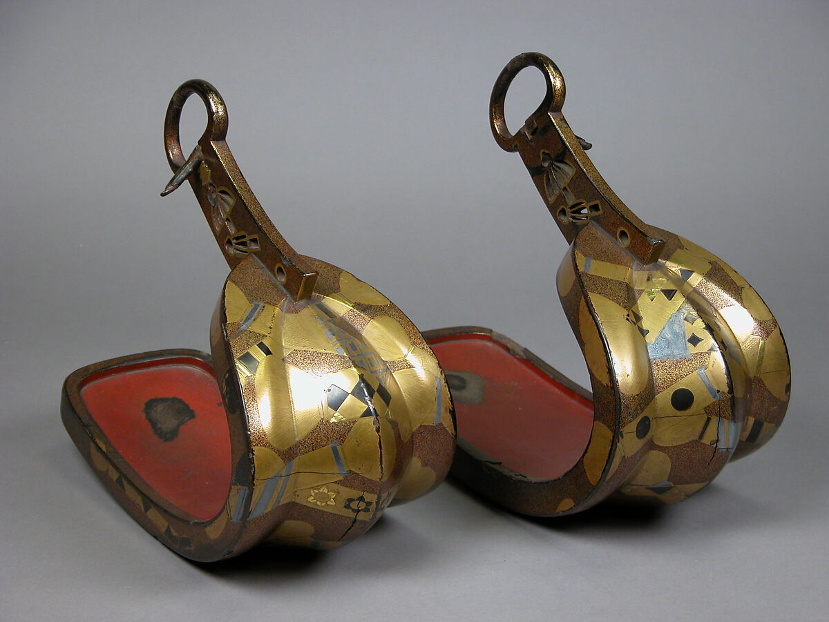 Stirrups (Abumi) with Cosmetic Brushes, Steel with gold and silver hiramaki-e, cut-out gold foil application on nashiji (“pear-skin”) ground, Japan