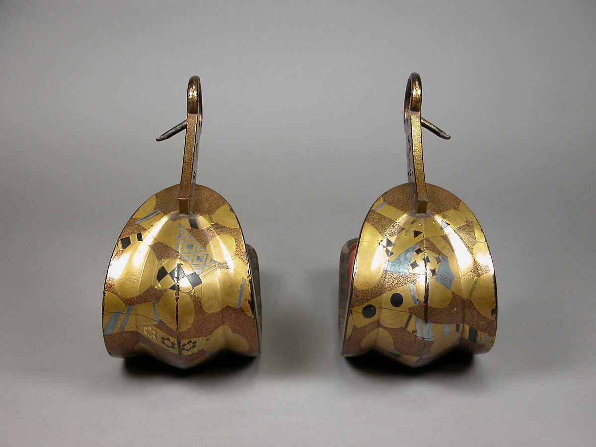 Stirrups (Abumi) with Cosmetic Brushes, Steel with gold and silver hiramaki-e, cut-out gold foil application on nashiji (“pear-skin”) ground, Japan