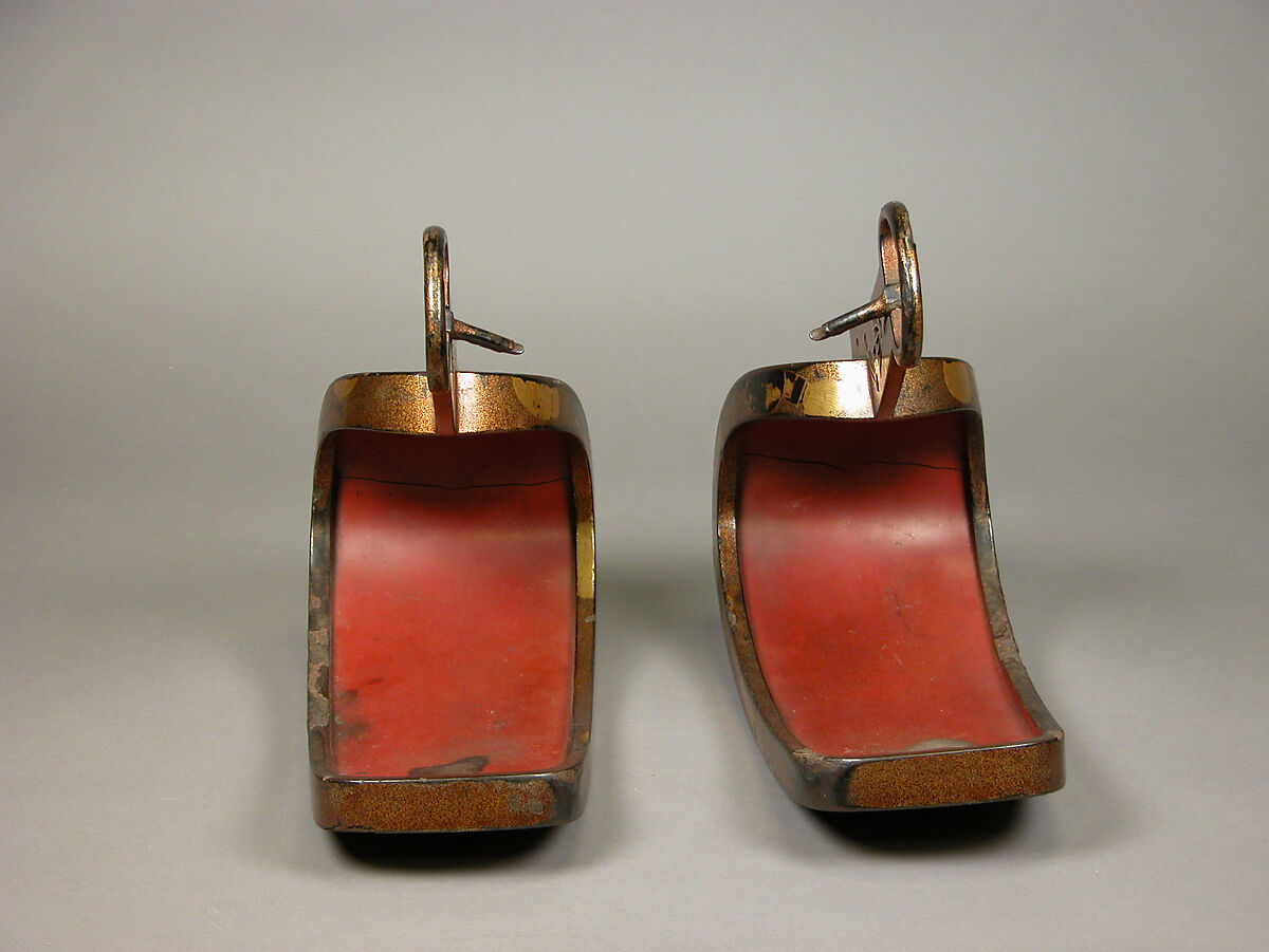 Stirrups (Abumi) with Cosmetic Brushes, Steel with gold and silver hiramaki-e, cut-out gold foil application on nashiji (“pear-skin”) ground, Japan