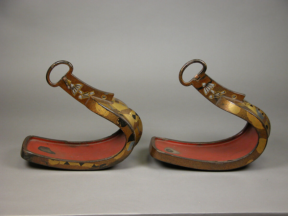 Stirrups (Abumi) with Cosmetic Brushes, Steel with gold and silver hiramaki-e, cut-out gold foil application on nashiji (“pear-skin”) ground, Japan