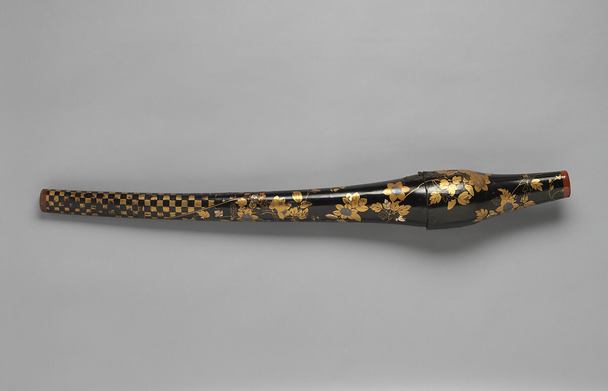 Sword Case (Katana-tsutsu) with Clematis and Checkered Pattern, Lacquered wood with gold and silver hiramaki-e, silver foil application, and mother-of-pearl inlay on black lacquer, Japan