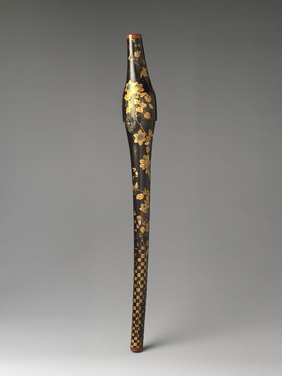 Sword Case (Katana-tsutsu) with Clematis and Checkered Pattern, Lacquered wood with gold and silver hiramaki-e, silver foil application, and mother-of-pearl inlay on black lacquer, Japan 