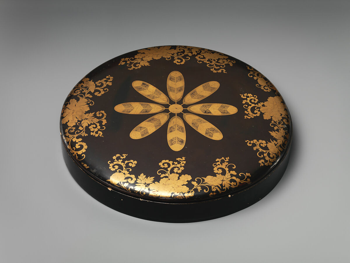 Mirror, and Mirror Box (Kagami-bako) with Feather Crest and Peony Scrolls, Lacquered wood with gold hiramaki-e on black lacquer ground; bronze mirror, Japan