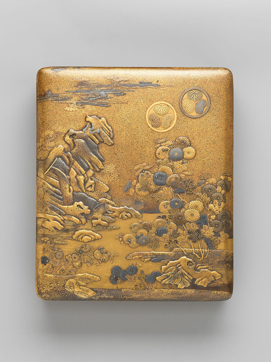 Box for Personal Accessories (Tebako) with Decoration Based on a Poem from the Shinkokinshū, Kōami Chōjū (Japanese, 1599–1651), Gold and silver makie with silver studs, Japan