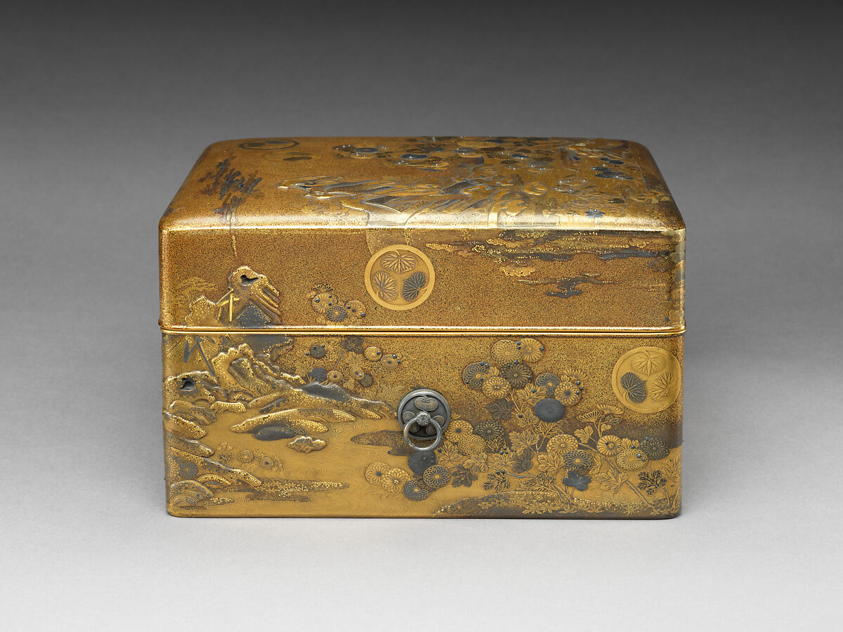 Box for Personal Accessories (Tebako) with Decoration Based on a Poem from the Shinkokinshū, Kōami Chōjū (Japanese, 1599–1651), Gold and silver makie with silver studs, Japan
