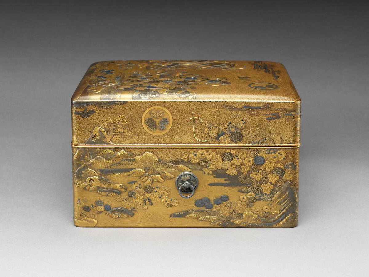 Box for Personal Accessories (Tebako) with Decoration Based on a Poem from the Shinkokinshū, Kōami Chōjū (Japanese, 1599–1651), Gold and silver makie with silver studs, Japan
