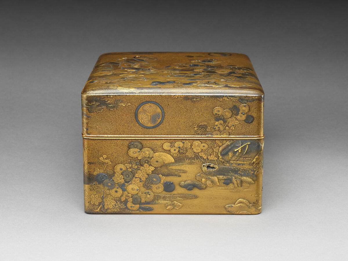 Box for Personal Accessories (Tebako) with Decoration Based on a Poem from the Shinkokinshū, Kōami Chōjū (Japanese, 1599–1651), Gold and silver makie with silver studs, Japan