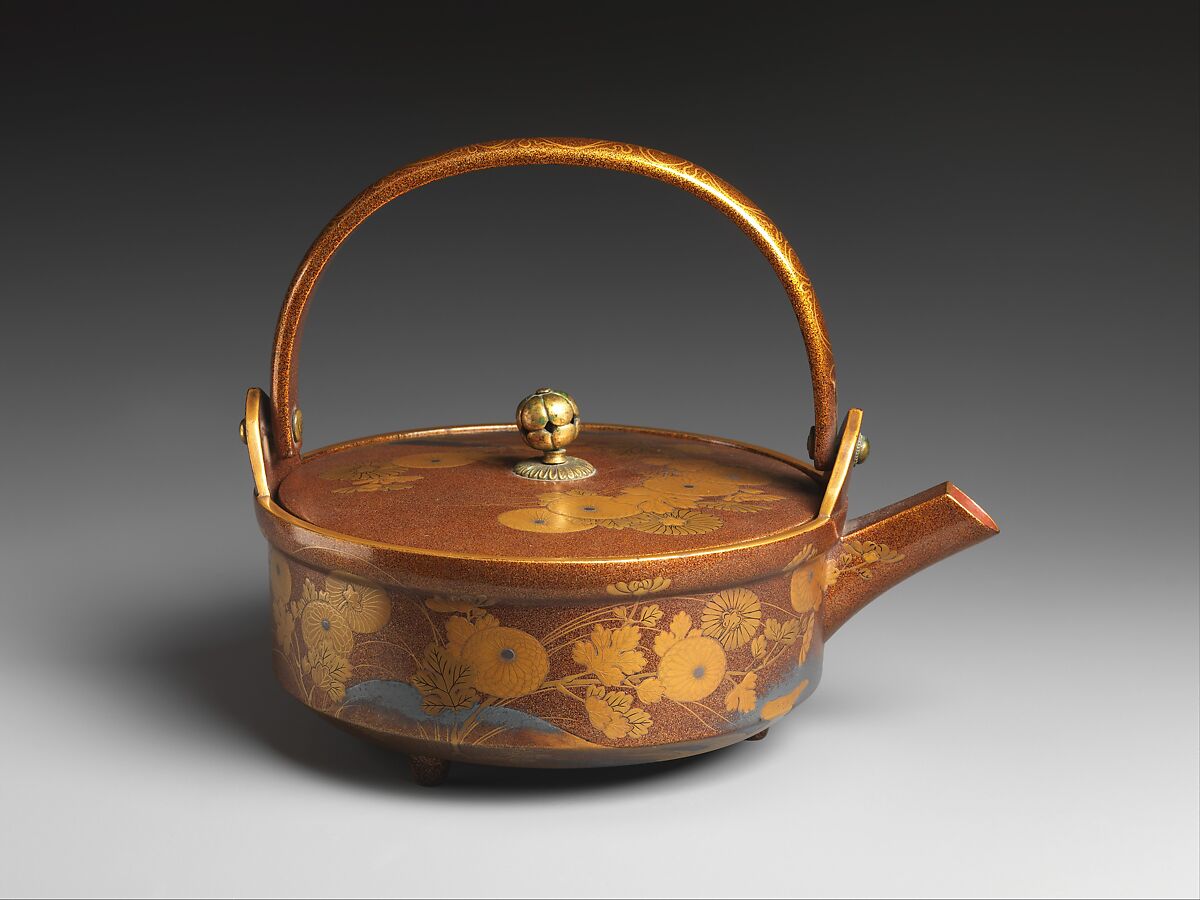 Sake Ewer with Decoration of Chrysanthemums on a Stream Bank, Gold and silver maki-e lacquer, Japan