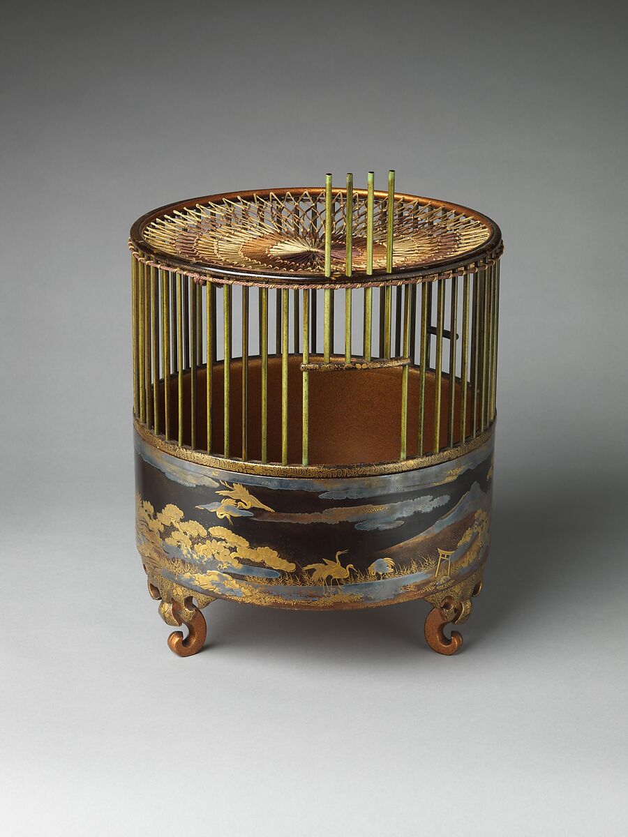 Birdcage, Black lacquer ground with gold and silver maki-e, dyed wood, and silk netting, Japan 