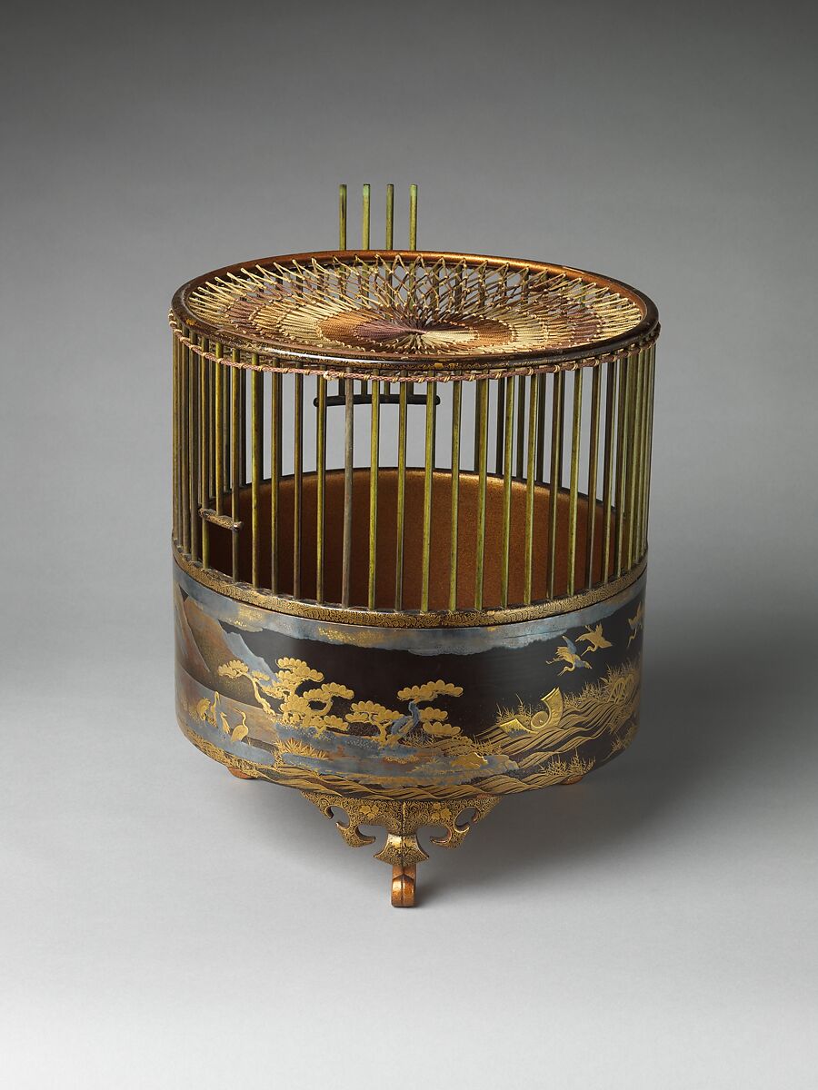 Birdcage, Black lacquer ground with gold and silver maki-e, dyed wood, and silk netting, Japan