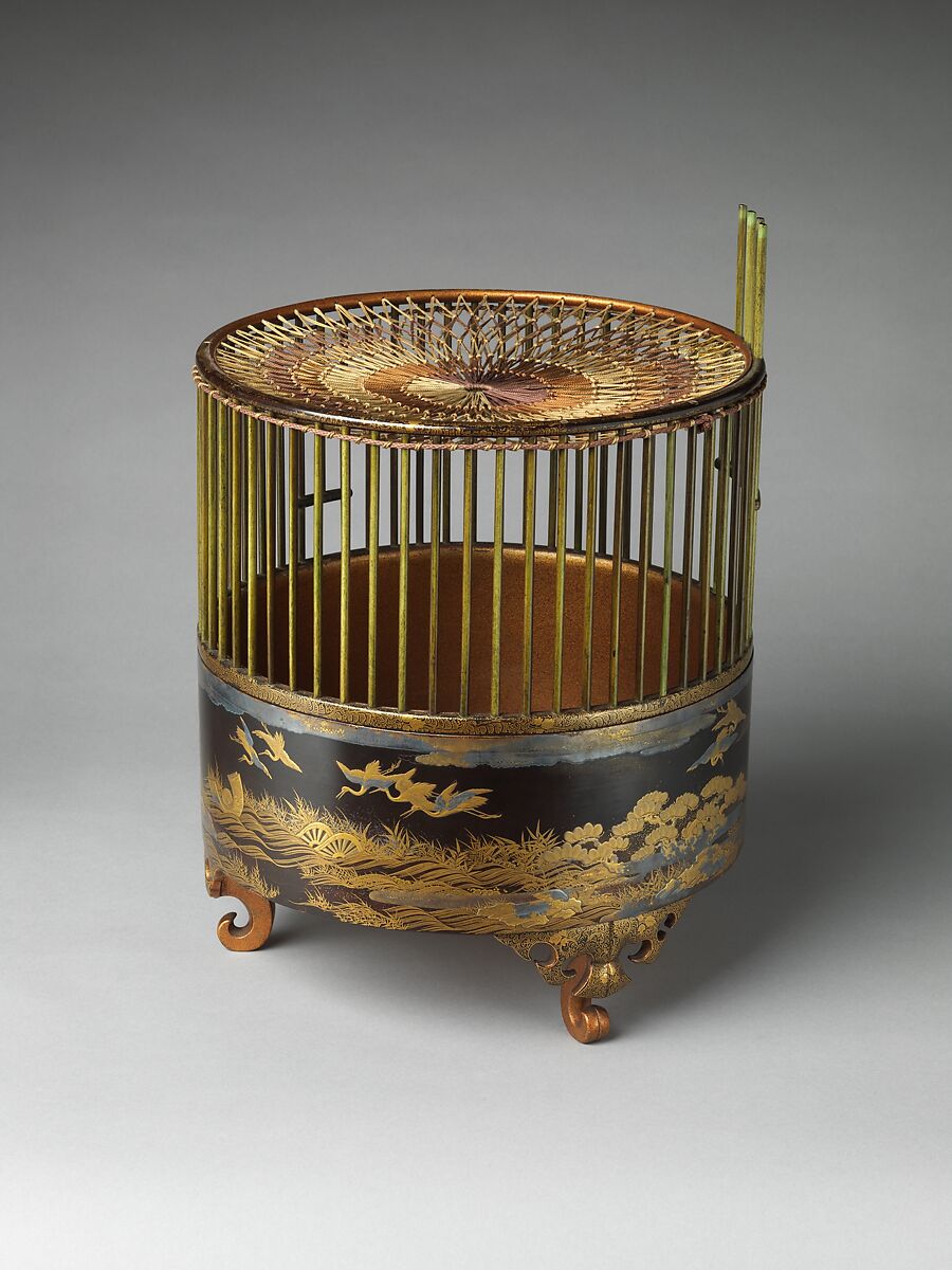 Birdcage, Black lacquer ground with gold and silver maki-e, dyed wood, and silk netting, Japan