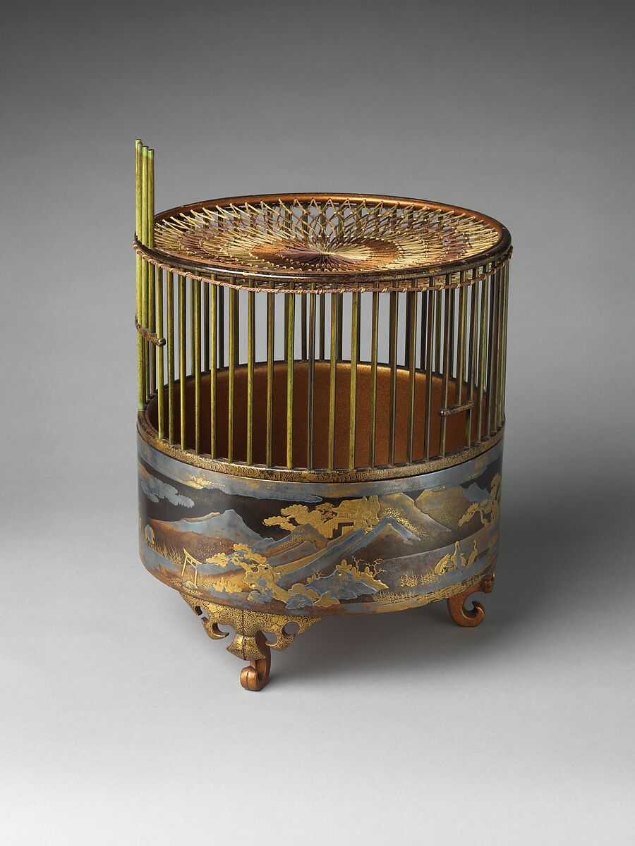 Birdcage, Black lacquer ground with gold and silver maki-e, dyed wood, and silk netting, Japan