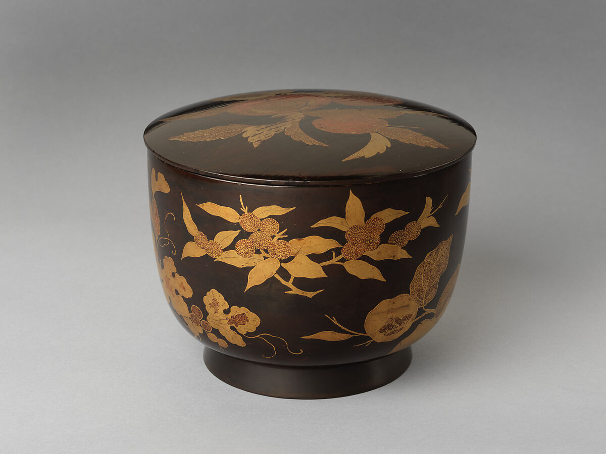 Rice server with decoration of autumn fruit on a branch, Gold makie on black lacquer, Japan