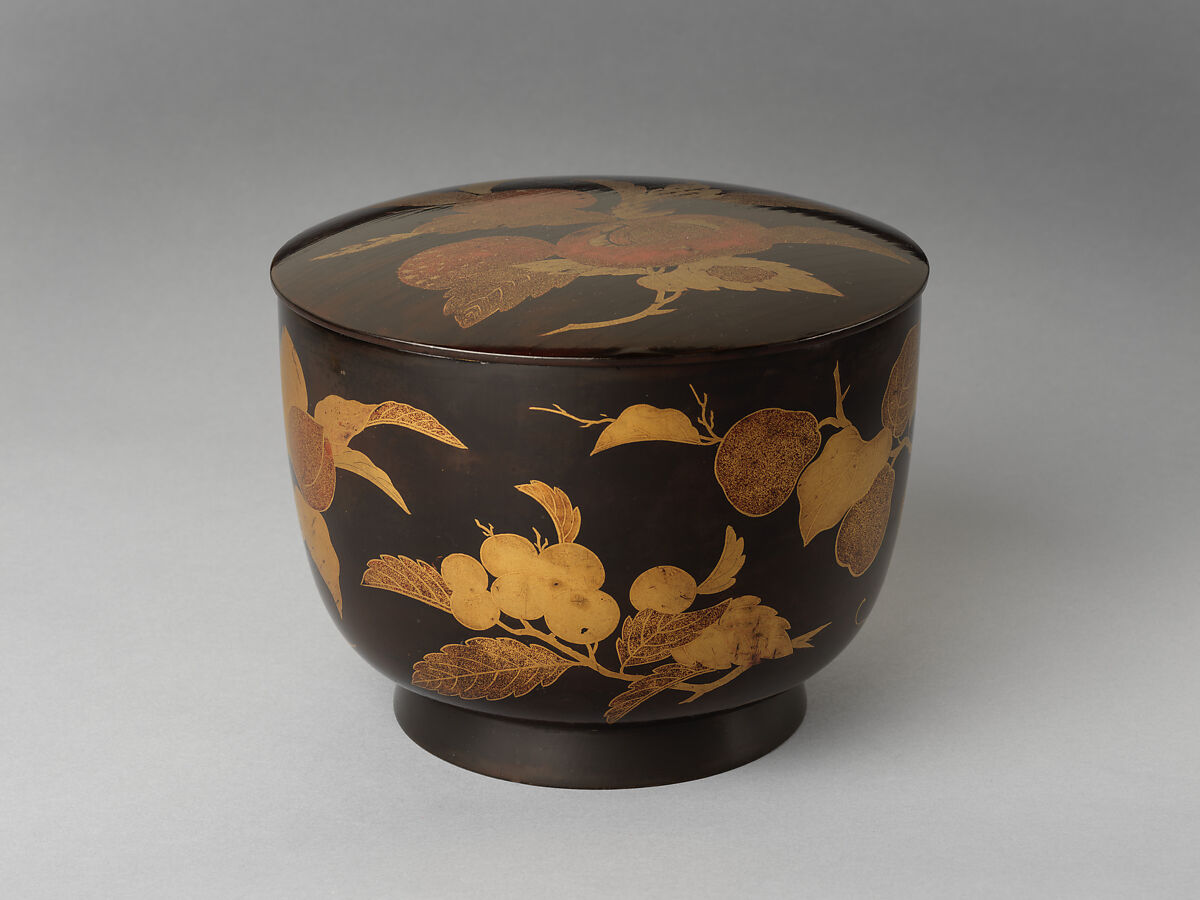 Rice server with decoration of autumn fruit on a branch, Gold makie on black lacquer, Japan 