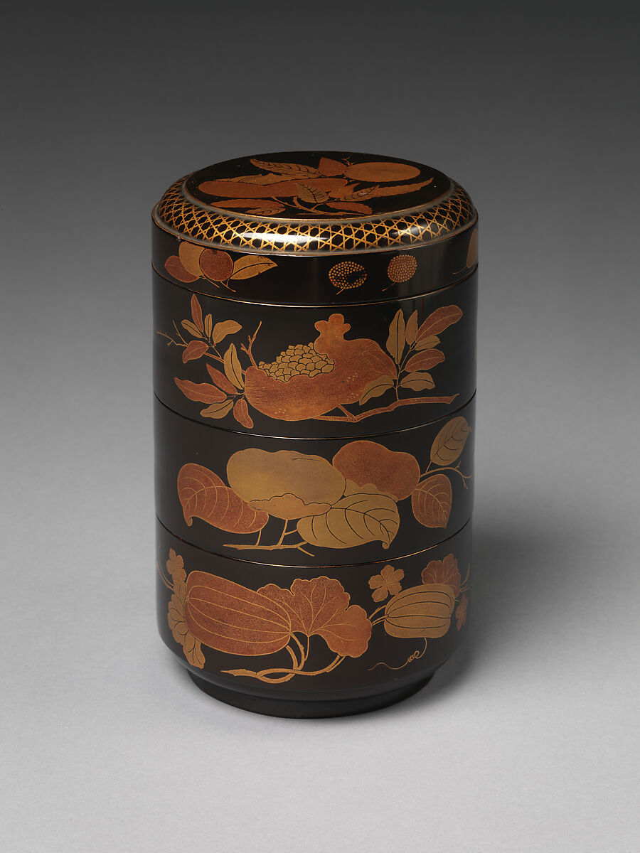Cylindrical Stack of Food Boxes with Decoration of Autumn Fruits, Gold maki-e on black lacquer, Japan 